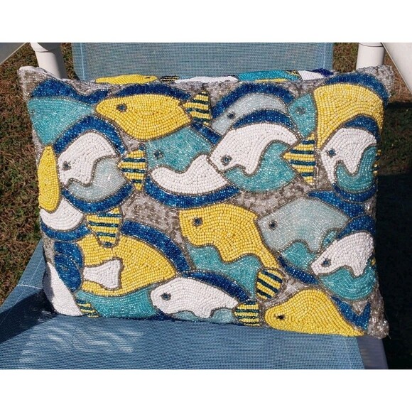 Lot Of 2: Pier 1 Handmade Fish Beaded Decorative Pillows Teal Blue Life Aquatic - Picture 3 of 16